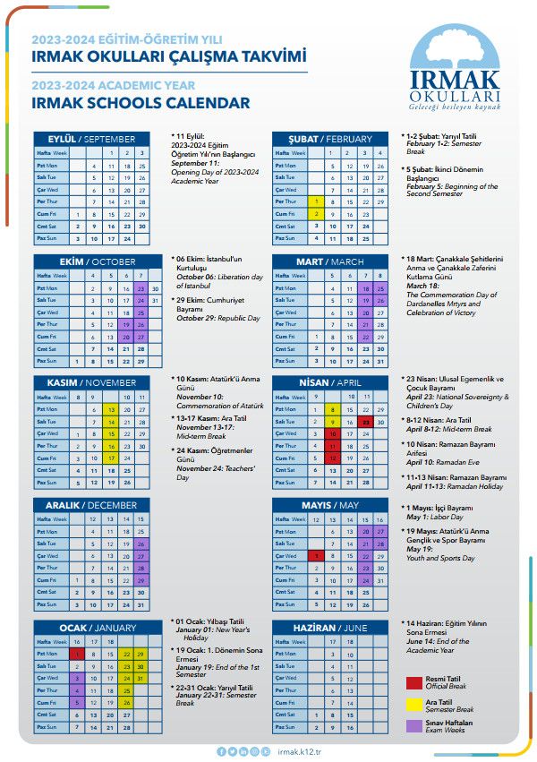 Academic calendar Irmak Schools